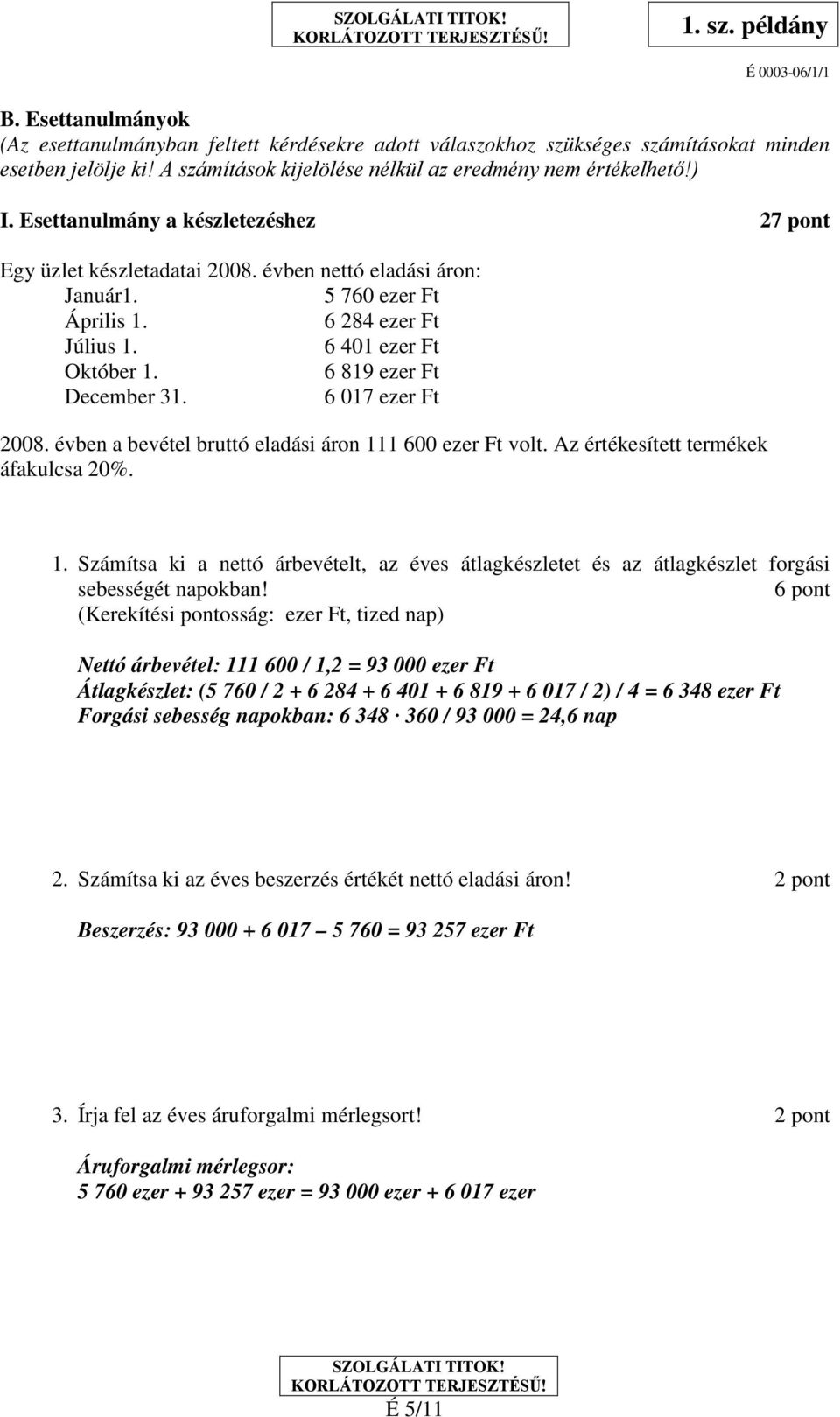 6 819 ezer Ft December 31. 6 017 ezer Ft 2008. évben a bevétel bruttó eladási áron 111 600 ezer Ft volt. Az értékesített termékek áfakulcsa 20%. 1. Számítsa ki a nettó árbevételt, az éves átlagkészletet és az átlagkészlet forgási sebességét napokban!