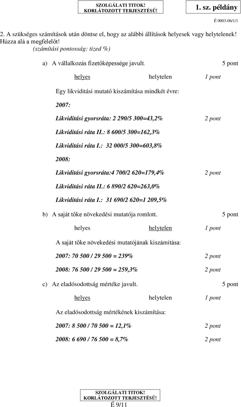 : 32 000/5 300=603,8% 2008: Likviditási gyorsráta:4 700/2 620=179,4% 2 pont Likviditási ráta II.: 6 890/2 620=263,0% Likviditási ráta I.