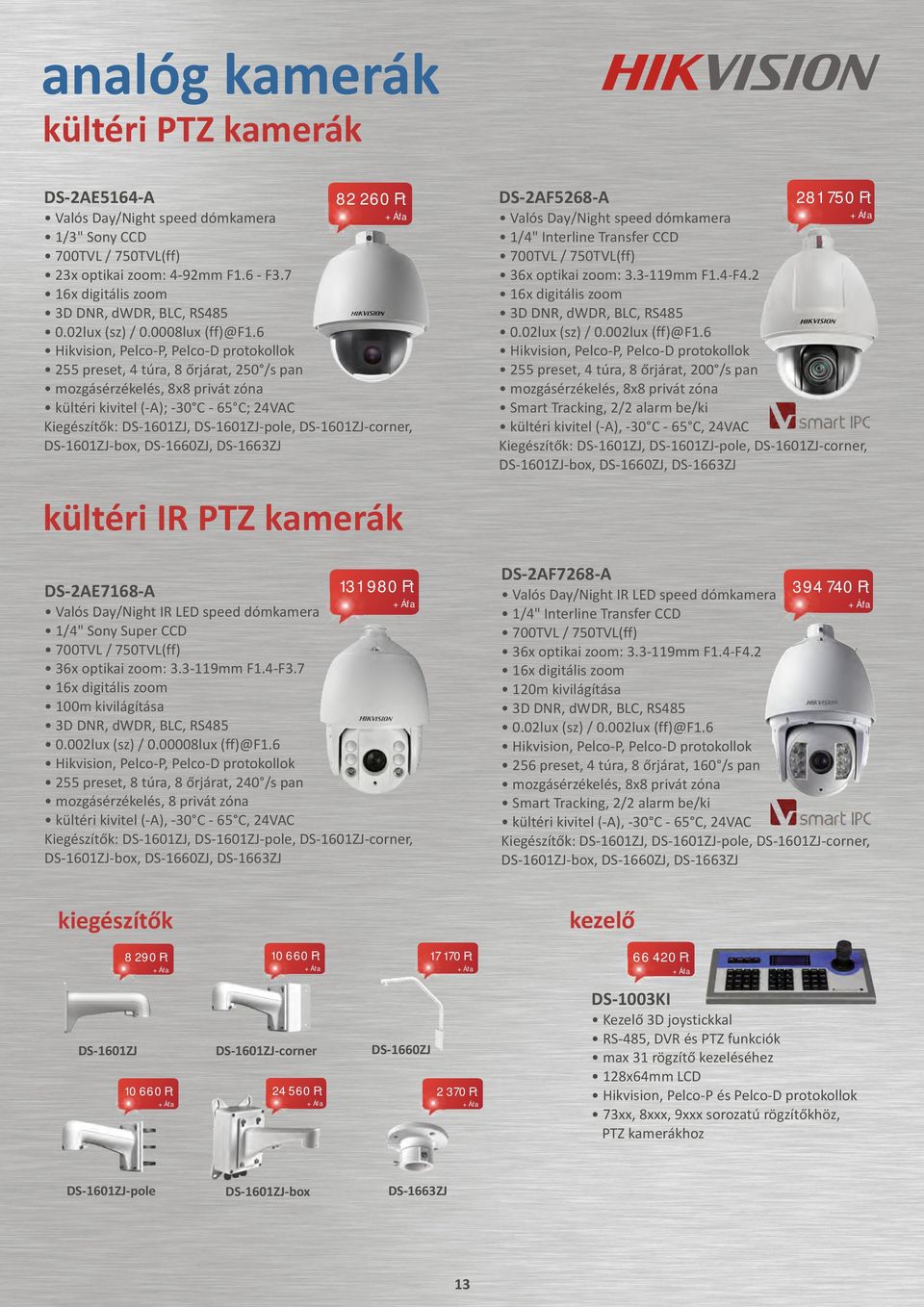 6 Hikvision, Pelco-P, Pelco-D protokollok 255 preset, 4 túra, 8 õrjárat, 250 /s pan mozgásérzékelés, 8x8 privát zóna kültéri kivitel (-A); -30 C - 65 C; 24VAC kültéri IR PTZ kamerák DS-2AE7168-A