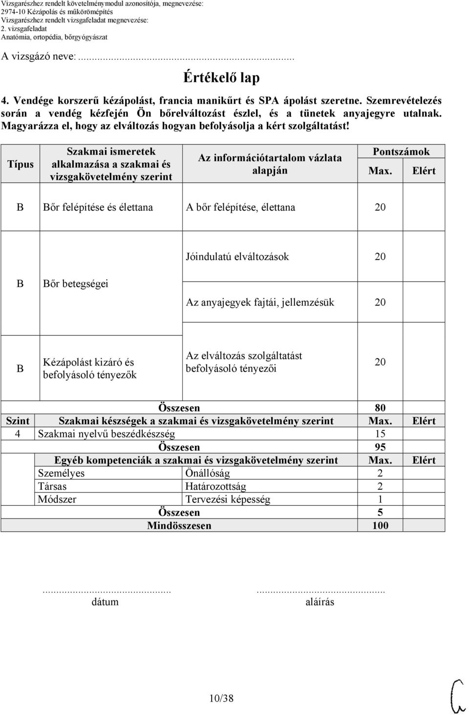 Típus Szakmai ismeretek alkalmazása a szakmai és vizsgakövetelmény szerint Az információtartalom vázlata alapján Pontszámok Max.