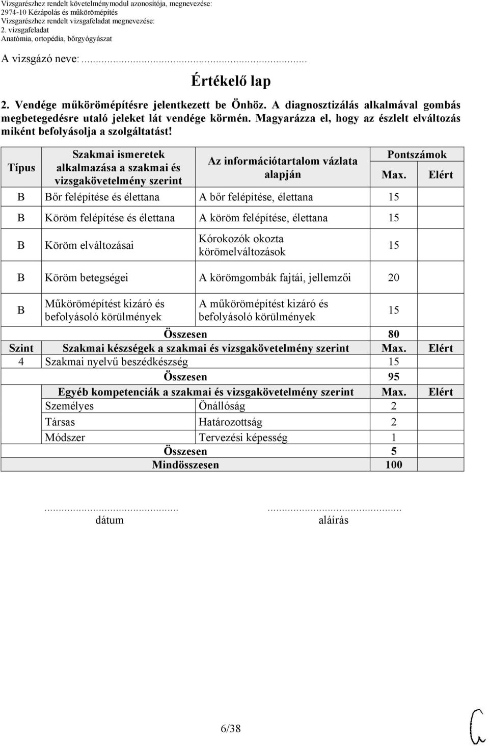 Típus Szakmai ismeretek alkalmazása a szakmai és vizsgakövetelmény szerint Az információtartalom vázlata alapján őr felépítése és élettana A bőr felépítése, élettana 15 Köröm felépítése és élettana A