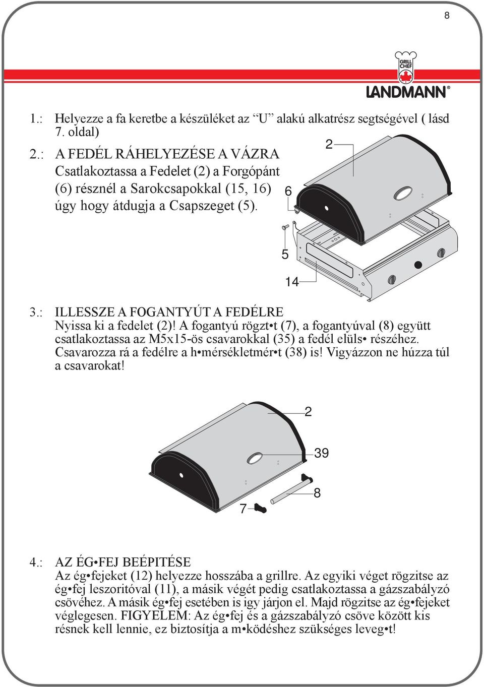 : ILLESSZE A FOGANTYÚT A FEDÉLRE Nyissa ki a fedelet (2)! A fogantyú rögzt t (7), a fogantyúval (8) együtt csatlakoztassa az M5x15-ös csavarokkal (35) a fedél elüls részéhez.