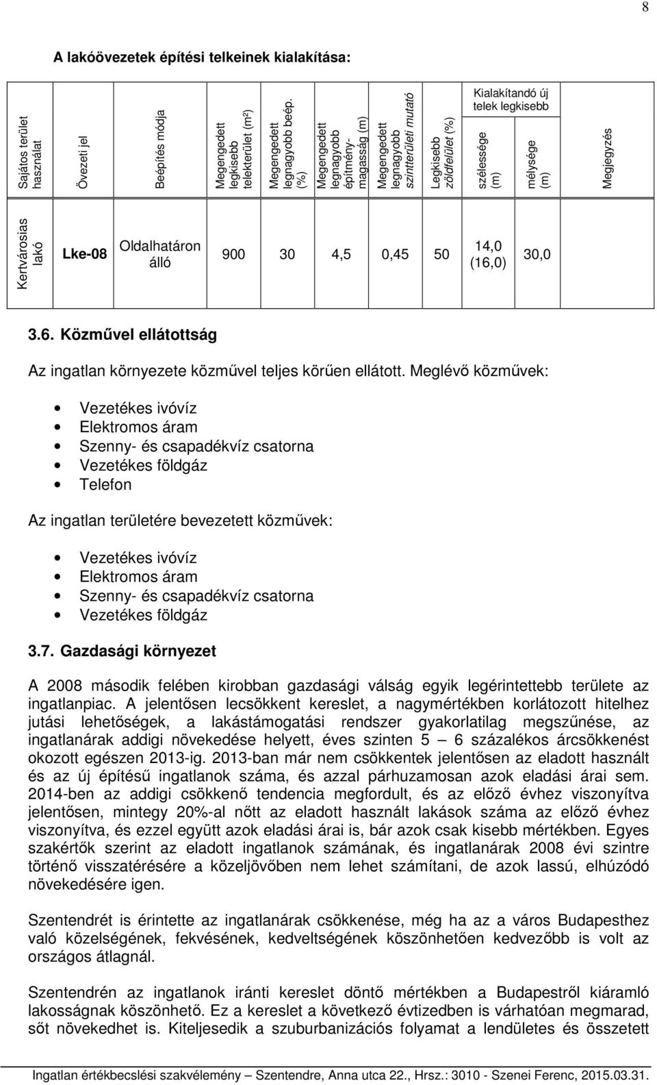 Kertvárosias lakó Lke-08 Oldalhatáron álló 900 30 4,5 0,45 50 14,0 (16,0) 30,0 3.6. Közművel ellátottság Az ingatlan környezete közművel teljes körűen ellátott.