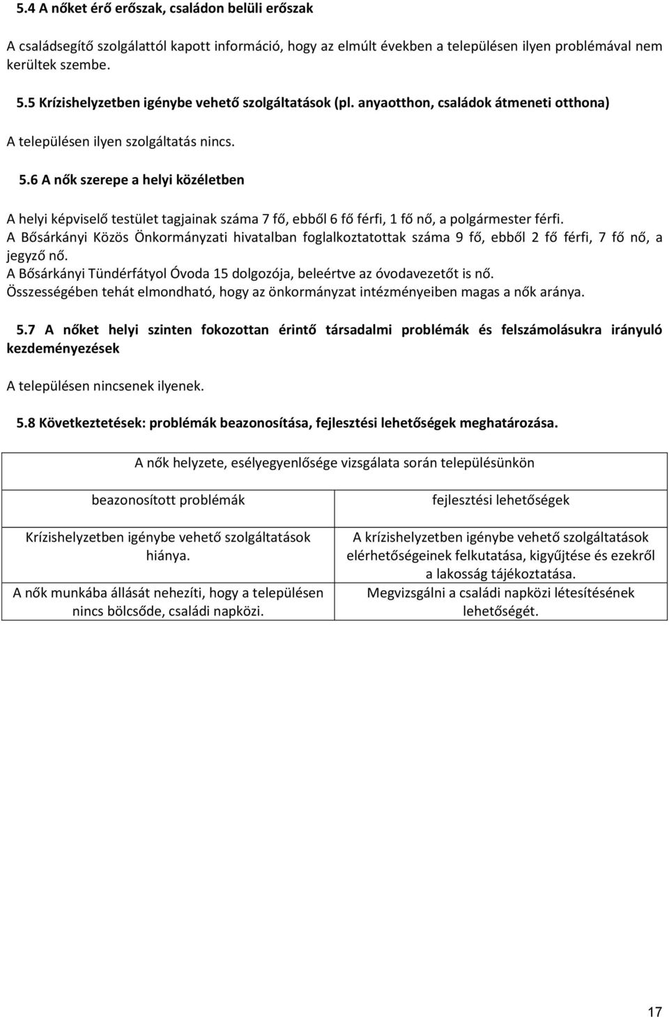 6 A nők szerepe a helyi közéletben A helyi képviselő testület tagjainak 7 fő, ebből 6 fő férfi, 1 fő nő, a polgármester férfi.