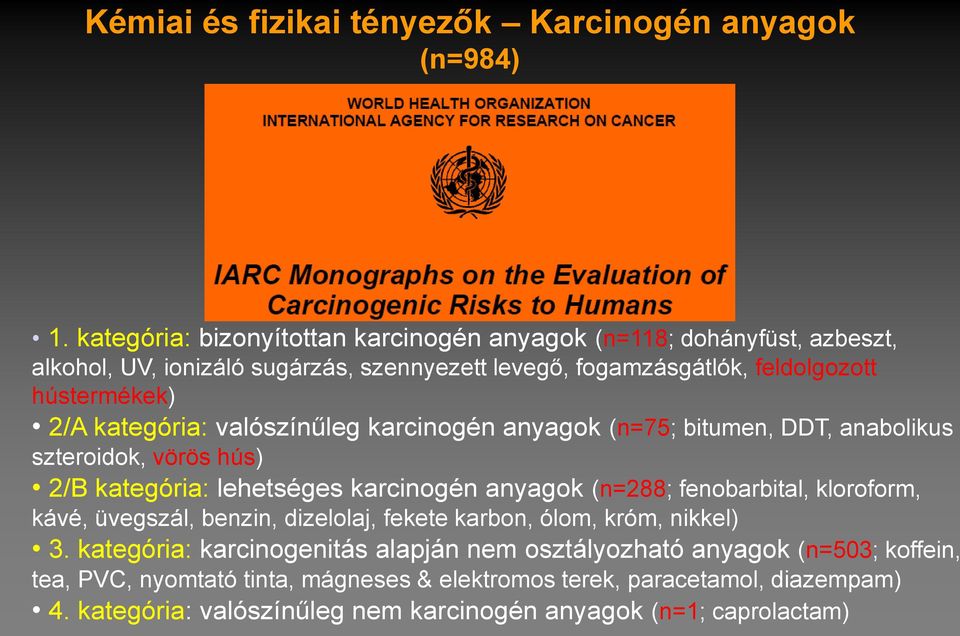 kategória: valószínűleg karcinogén anyagok (n=75; bitumen, DDT, anabolikus szteroidok, vörös hús) 2/B kategória: lehetséges karcinogén anyagok (n=288; fenobarbital, kloroform,