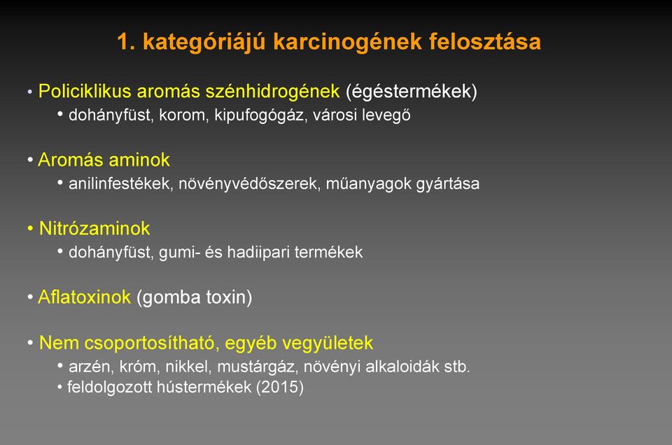 Nitrózaminok dohányfüst, gumi- és hadiipari termékek Aflatoxinok (gomba toxin) Nem csoportosítható,