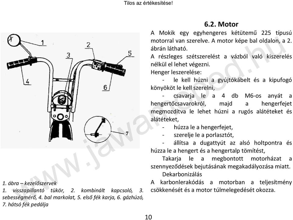 Henger leszerelése: - le kell húzni a gyújtókábelt és a kipufogó könyököt le kell szerelni, - csavarja le a 4 db M6-os anyát a hengertőcsavarokról, majd a hengerfejet megmozdítva le lehet húzni a