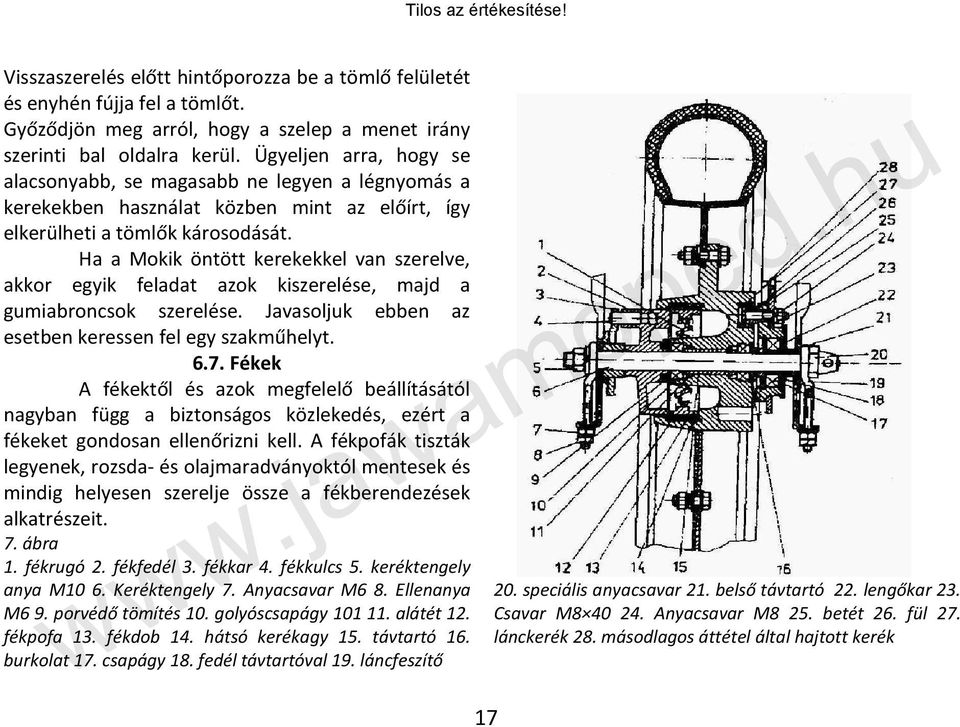 Ha a Mokik öntött kerekekkel van szerelve, akkor egyik feladat azok kiszerelése, majd a gumiabroncsok szerelése. Javasoljuk ebben az esetben keressen fel egy szakműhelyt. 6.7.