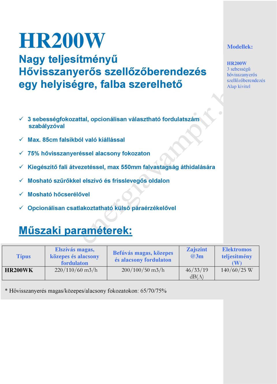 85cm falsíkból való kiállással 75% hővisszanyeréssel alacsony fokozaton Kiegészítő fali átvezetéssel, max 550mm falvastagság áthidalására Mosható szűrőkkel elszívó és frisslevegős oldalon