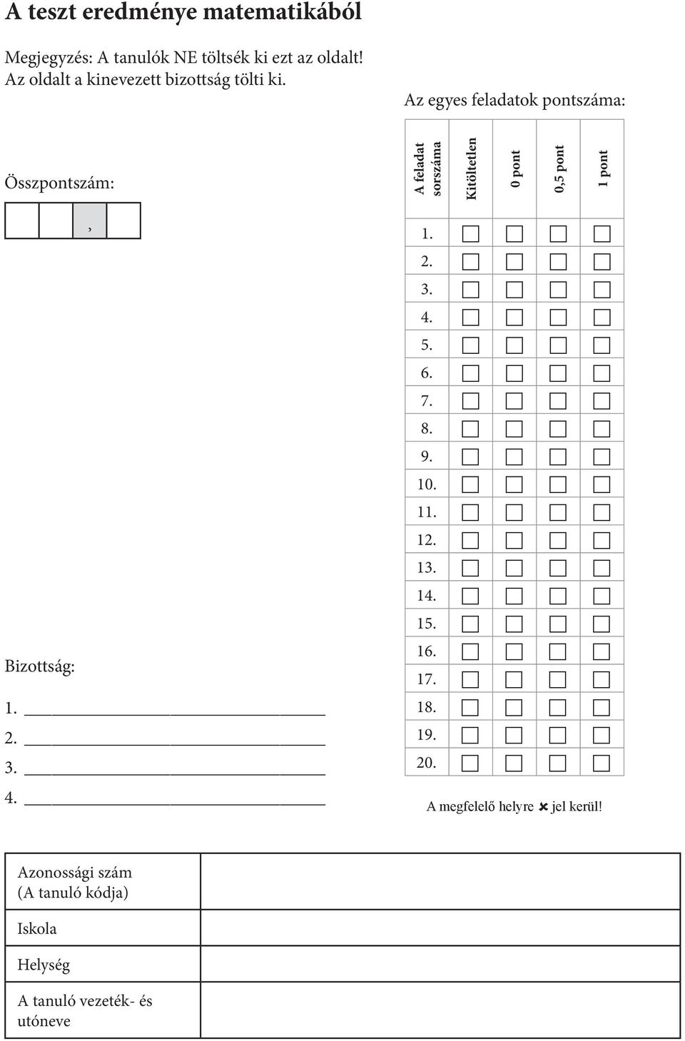Az egyes feladatok pontszáma: Összpontszám: A feladat sorszáma Kitöltetlen 0 pont 0,5 pont 1 pont,