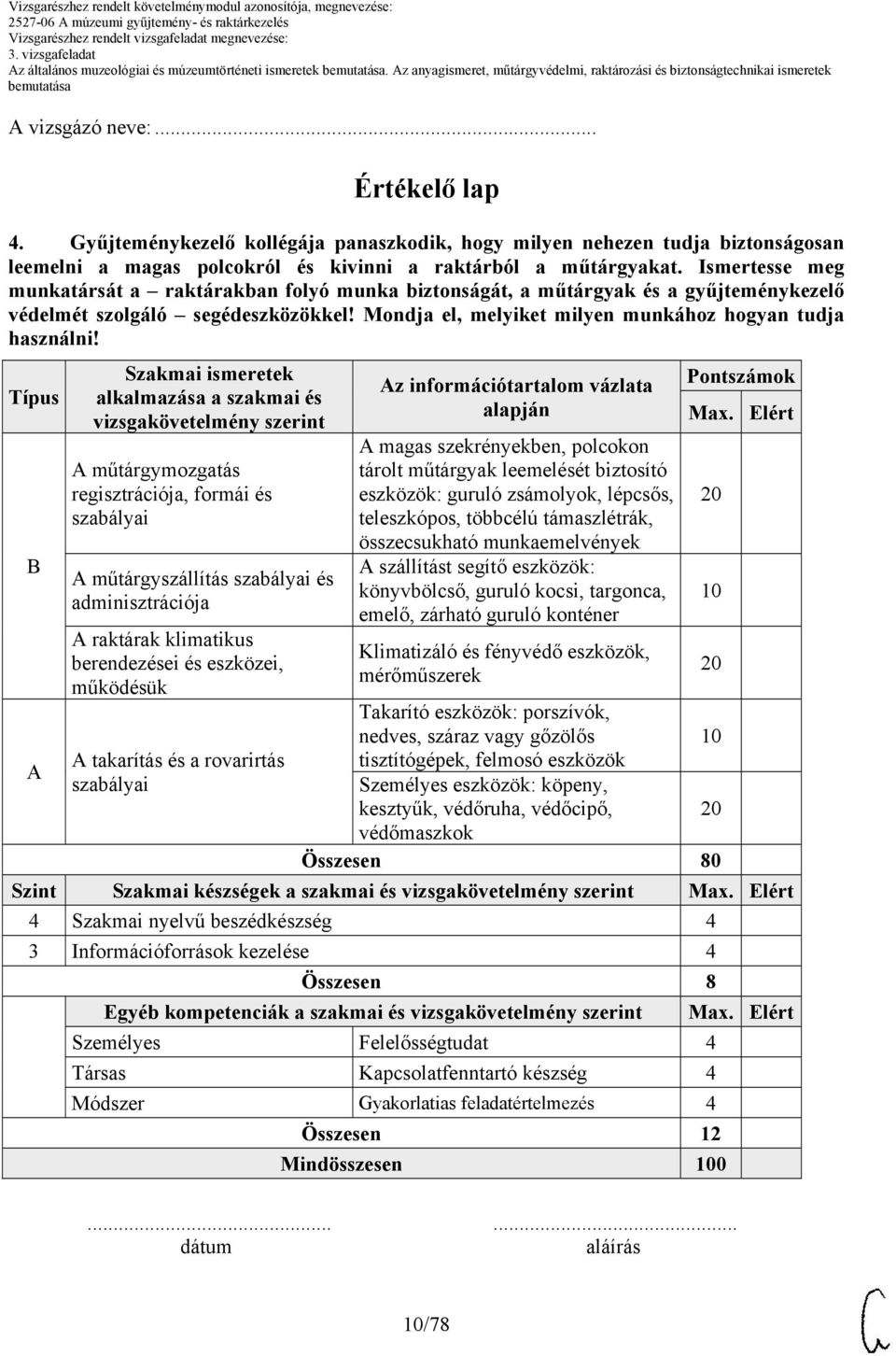 Típus B A Szakmai ismeretek alkalmazása a szakmai és vizsgakövetelmény szerint A műtárgymozgatás regisztrációja, formái és szabályai A műtárgyszállítás szabályai és adminisztrációja A raktárak