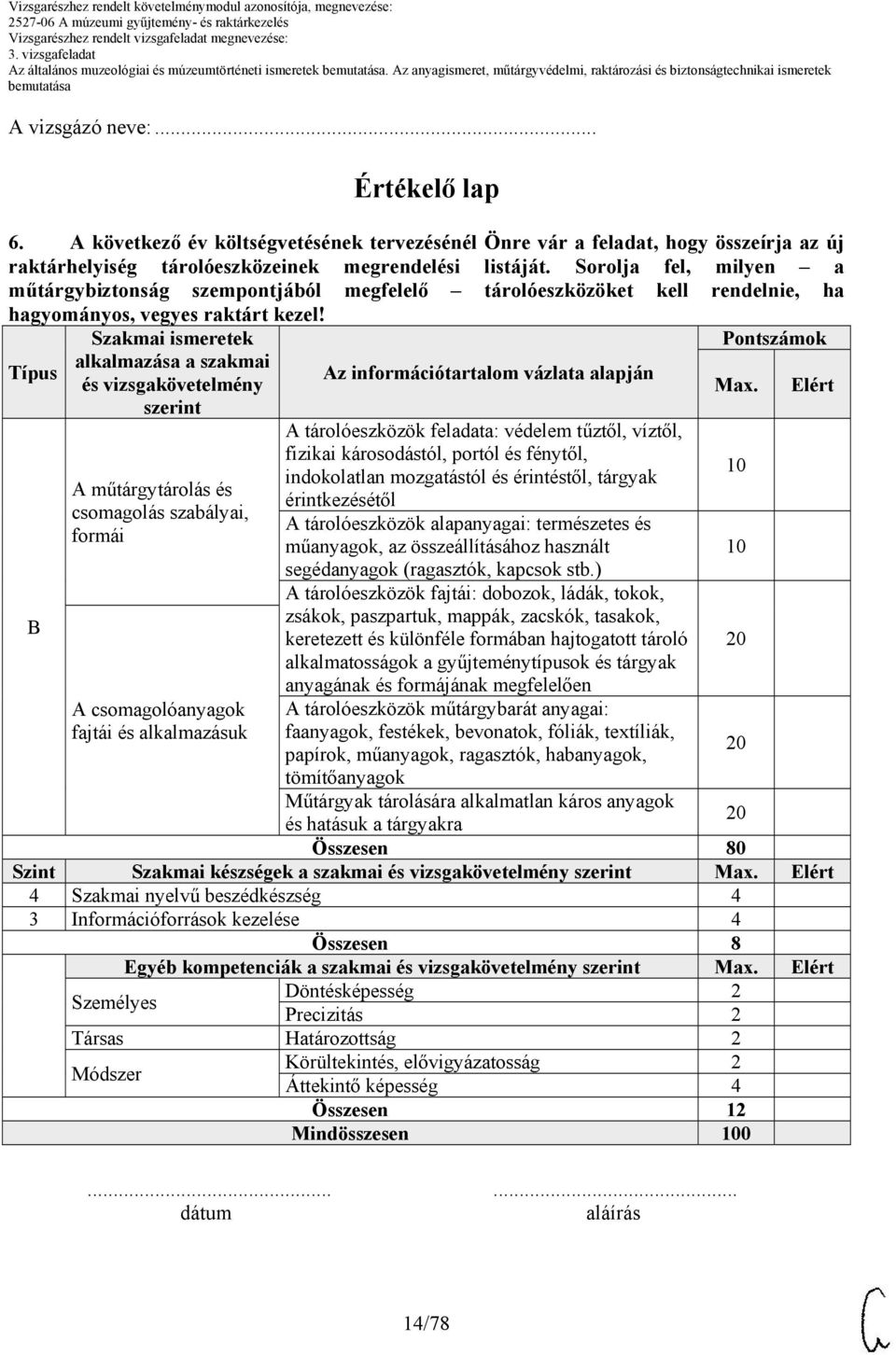 Típus B Szakmai ismeretek alkalmazása a szakmai és vizsgakövetelmény szerint A műtárgytárolás és csomagolás szabályai, formái A csomagolóanyagok fajtái és alkalmazásuk Az információtartalom vázlata