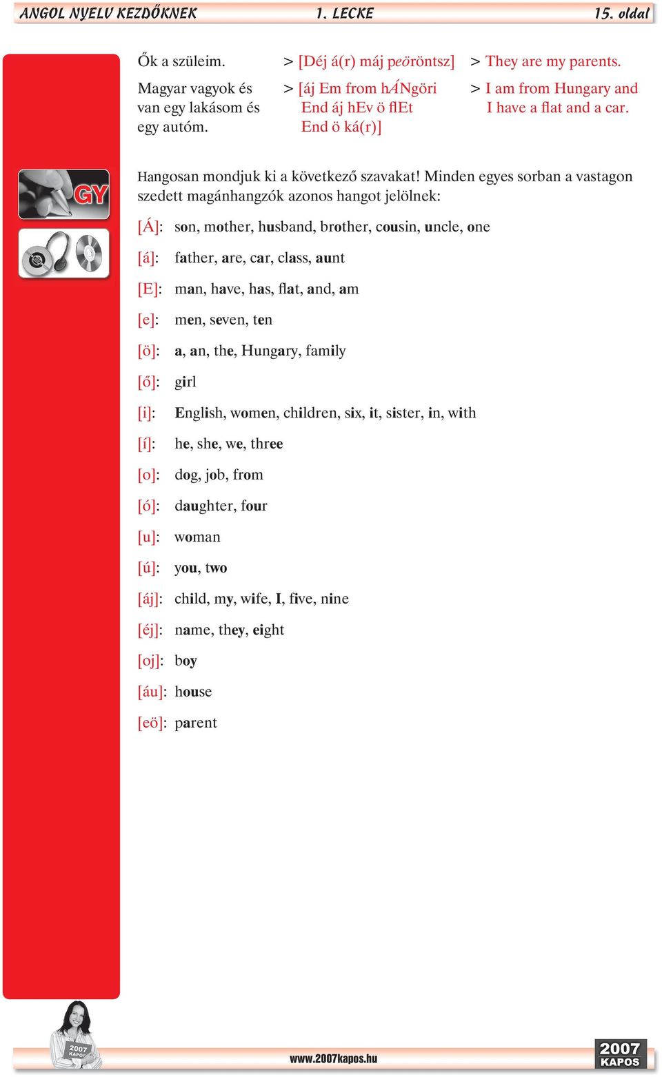 Minden egyes sorban a vastagon szedett magánhangzók azonos hangot jelölnek: [Á]: son, mother, husband, brother, cousin, uncle, one [á]: father, are, car, class, aunt [E]: man, have, has, flat, and,