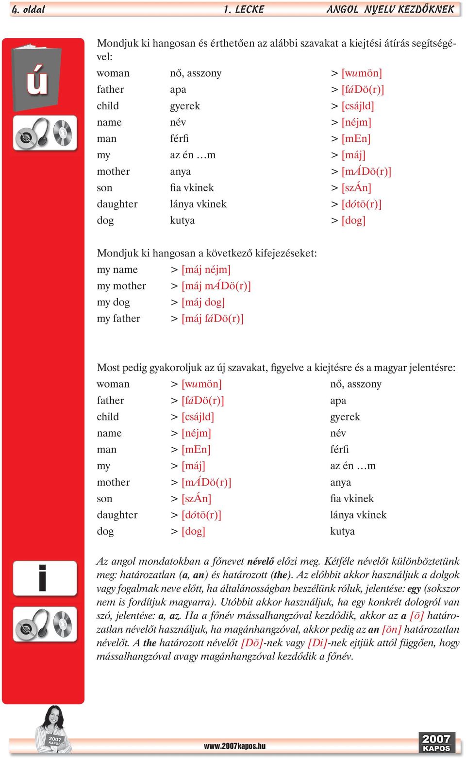 [néjm] man férfi > [men] my az én m > [máj] mother anya > [mádö(r)] son fia vkinek > [szán] daughter lánya vkinek > [dótö(r)] dog kutya > [dog] Mondjuk ki hangosan a következõ kifejezéseket: my name