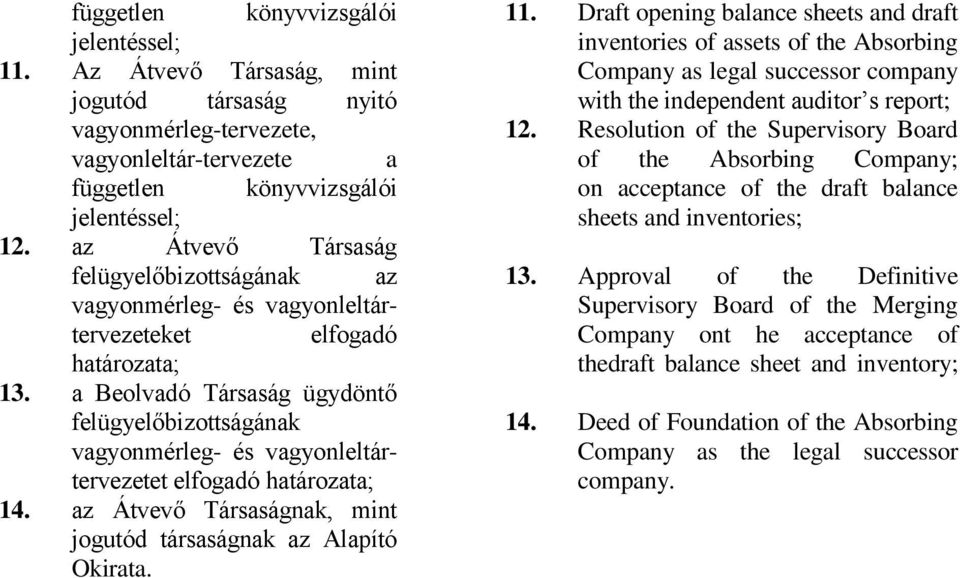 a Beolvadó Társaság ügydöntő felügyelőbizottságának vagyonmérleg- és vagyonleltártervezetet elfogadó határozata; 14. az Átvevő Társaságnak, mint jogutód társaságnak az Alapító Okirata. 11.