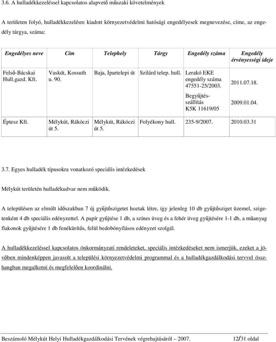 Lerakó EKE engedély száma 47551-25/2003. 2011.07.18. Begyűjtésszállítás K5K 11619/05 2009.01.04. Éptesz Kft. Mélykút, Rákóczi út 5. Mélykút, Rákóczi út 5. Folyékony hull. 235-9/2007. 2010.03.31 3.7. Egyes hulladék típusokra vonatkozó speciális intézkedések Mélykút területén hulladékudvar nem működik.