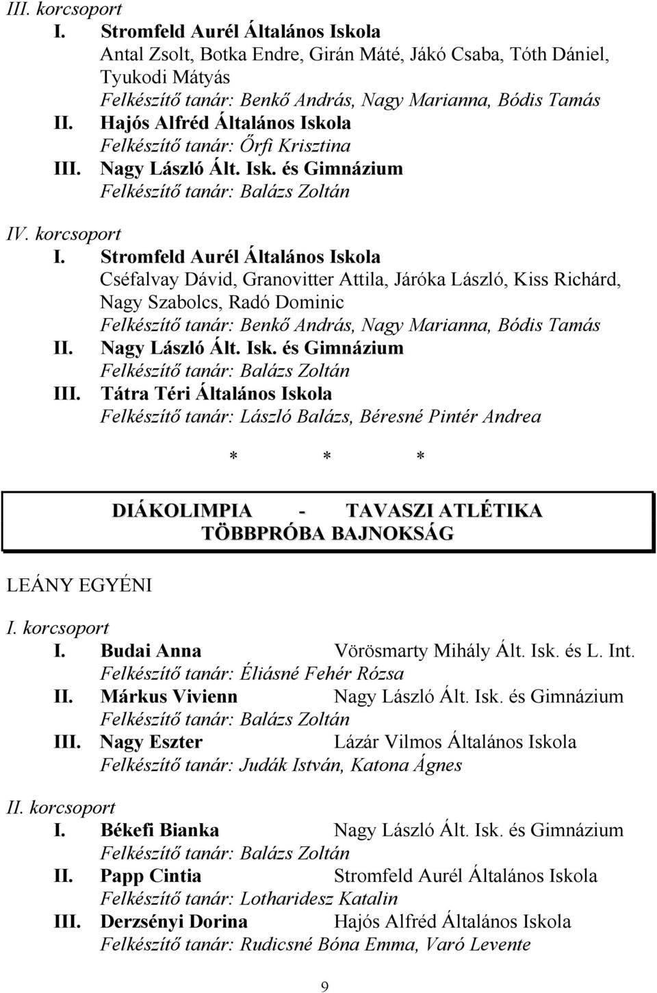 Felkészítő tanár: László Balázs, Béresné Pintér Andrea LEÁNY EGYÉNI DIÁKOLIMPIA - TAVASZI ATLÉTIKA TÖBBPRÓBA BAJNOKSÁG I. Budai Anna Vörösmarty Mihály Ált. Isk. és L. Int.
