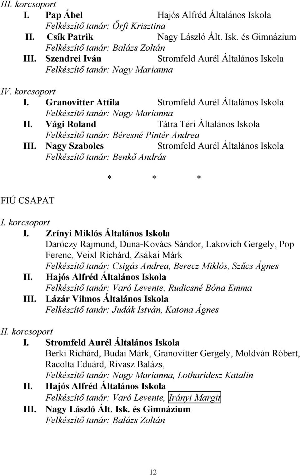 Zrínyi Miklós Általános Iskola Daróczy Rajmund, Duna-Kovács Sándor, Lakovich Gergely, Pop Ferenc, Veixl Richárd, Zsákai Márk Felkészítő tanár: Csigás Andrea, Berecz Miklós, Szűcs Ágnes Hajós Alfréd