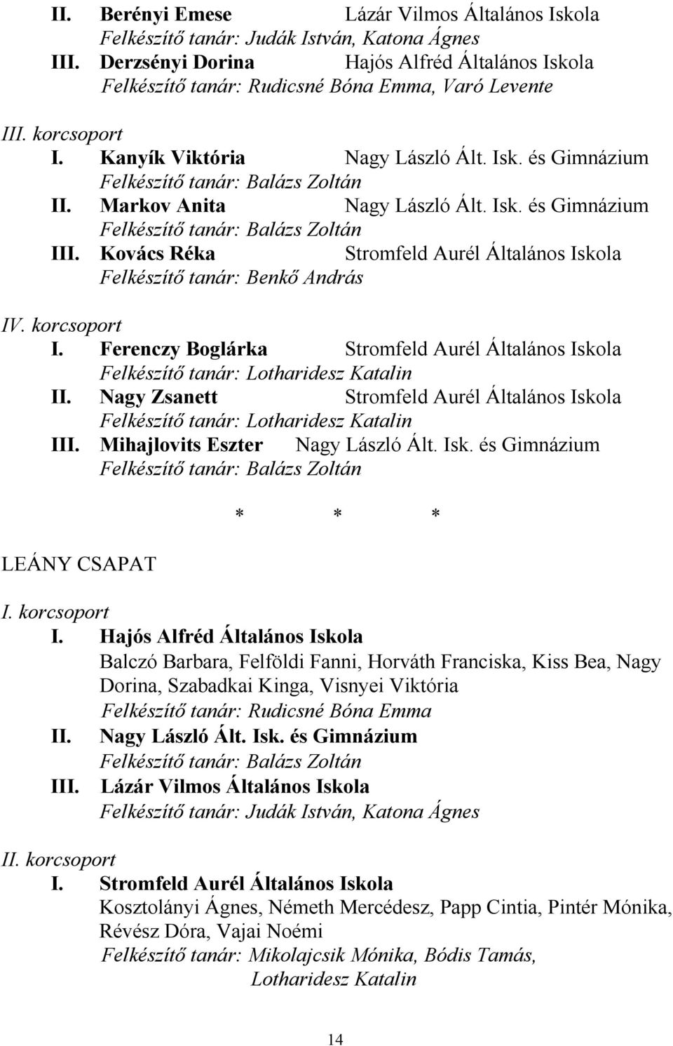 Hajós Alfréd Általános Iskola Balczó Barbara, Felföldi Fanni, Horváth Franciska, Kiss Bea, Nagy Dorina, Szabadkai Kinga, Visnyei Viktória Felkészítő tanár: Rudicsné Bóna