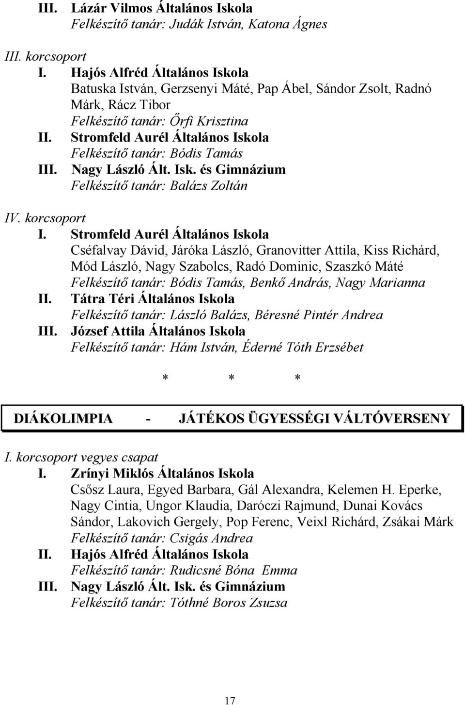 László, Granovitter Attila, Kiss Richárd, Mód László, Nagy Szabolcs, Radó Dominic, Szaszkó Máté Felkészítő tanár: Bódis Tamás, Benkő András, Nagy Marianna Tátra Téri Általános Iskola Felkészítő