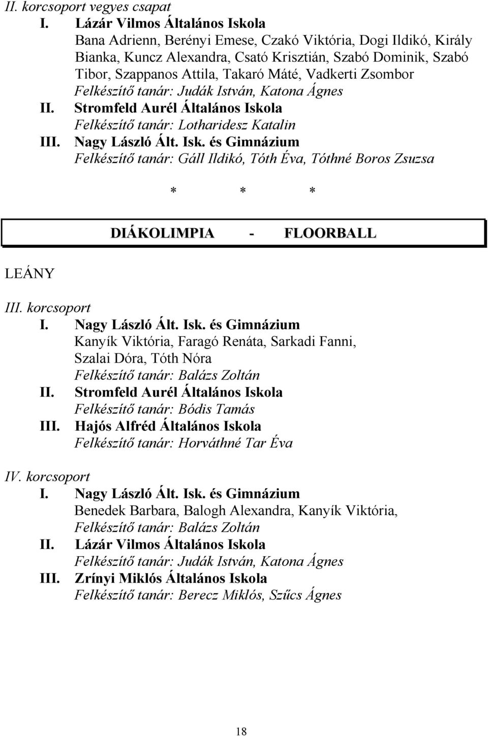 Szappanos Attila, Takaró Máté, Vadkerti Zsombor I Felkészítő tanár: Gáll Ildikó, Tóth Éva, Tóthné Boros Zsuzsa DIÁKOLIMPIA - FLOORBALL LEÁNY I korcsoport I.