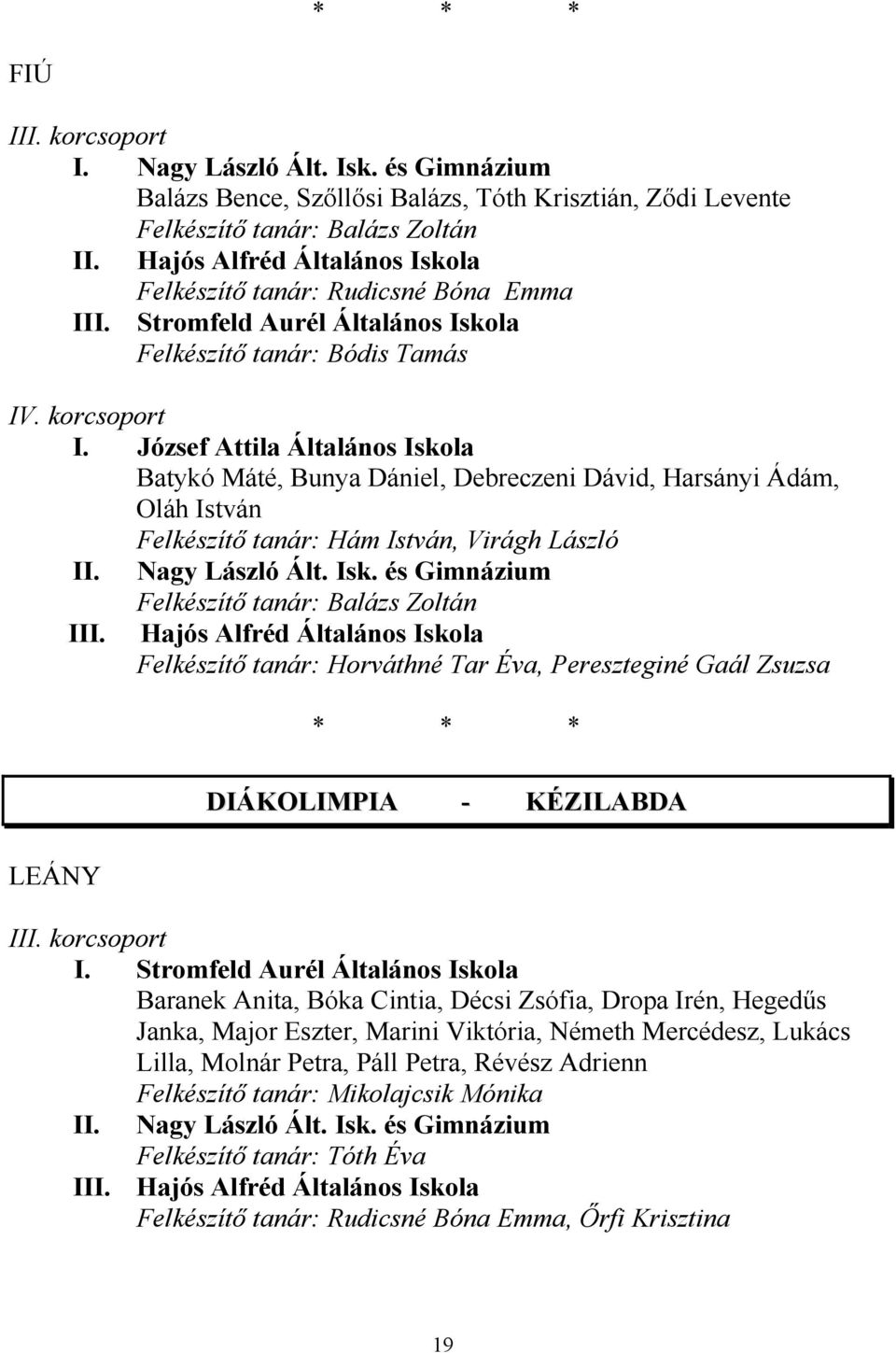 Horváthné Tar Éva, Pereszteginé Gaál Zsuzsa DIÁKOLIMPIA - KÉZILABDA LEÁNY I korcsoport Baranek Anita, Bóka Cintia, Décsi Zsófia, Dropa Irén, Hegedűs Janka, Major Eszter, Marini Viktória, Németh