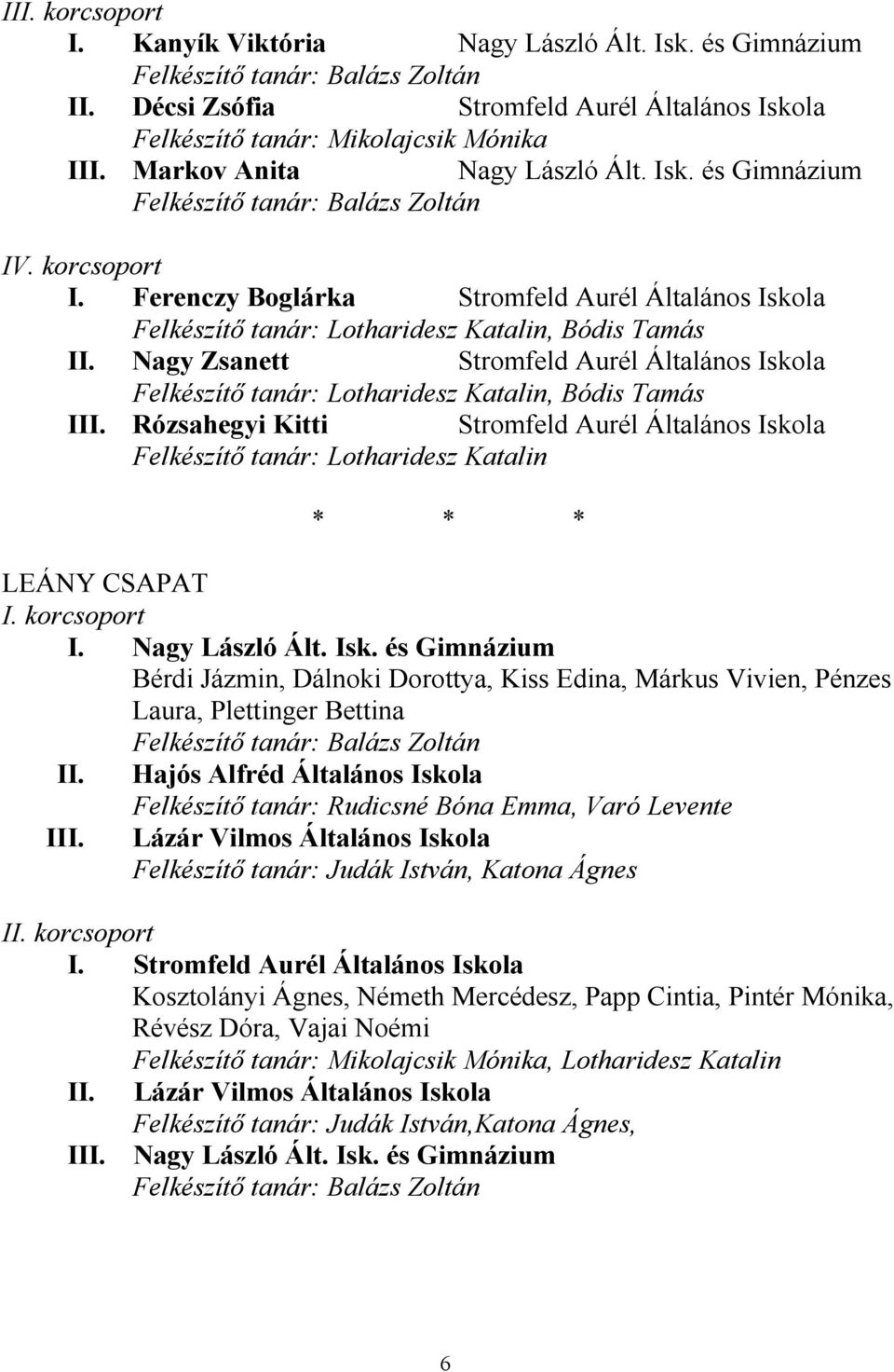 Bérdi Jázmin, Dálnoki Dorottya, Kiss Edina, Márkus Vivien, Pénzes Laura, Plettinger Bettina Hajós Alfréd Általános Iskola Felkészítő tanár: Rudicsné Bóna