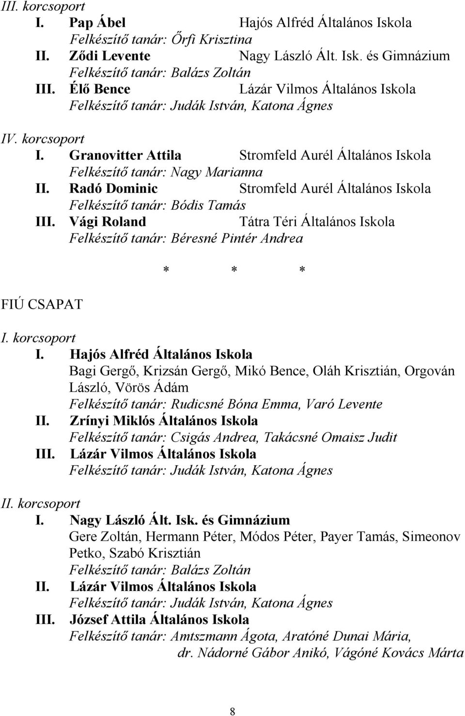 Hajós Alfréd Általános Iskola Bagi Gergő, Krizsán Gergő, Mikó Bence, Oláh Krisztián, Orgován László, Vörös Ádám Felkészítő tanár: Rudicsné Bóna Emma, Varó Levente Zrínyi Miklós Általános Iskola