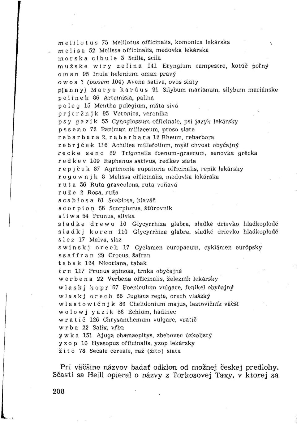 (otosem 104) Avena sativa, ovos siaty p[anny] Marye kardus 91 Silybum marianum, silybum mariánske p e 1 i n e k 86 Artemisia, palina p o 1 e g 15 Mentha pulegium, mäta sivá p r j t r ž n í k 95