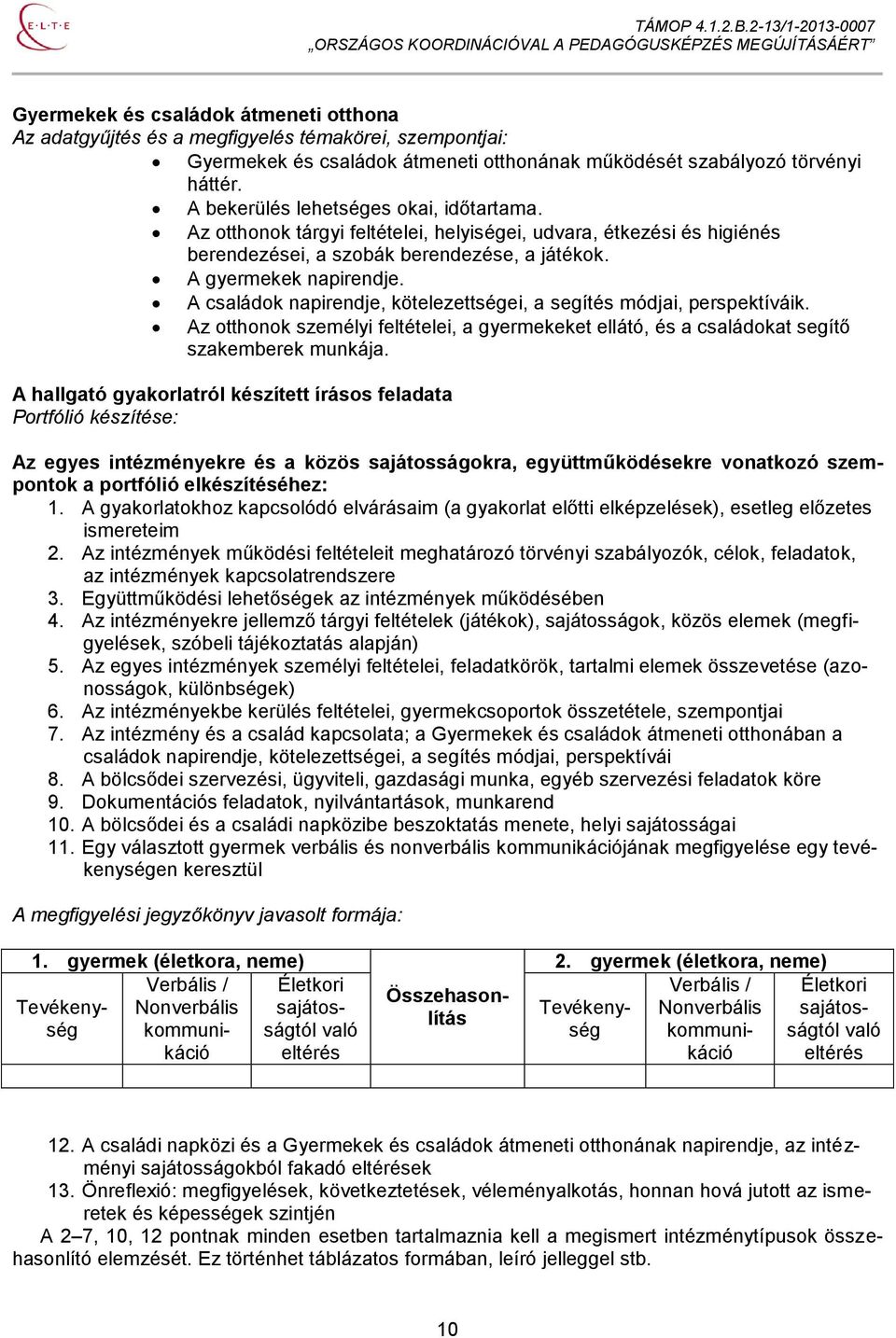 A családok napirendje, kötelezettségei, a segítés módjai, perspektíváik. Az otthonok személyi feltételei, a gyermekeket ellátó, és a családokat segítő szakemberek munkája.