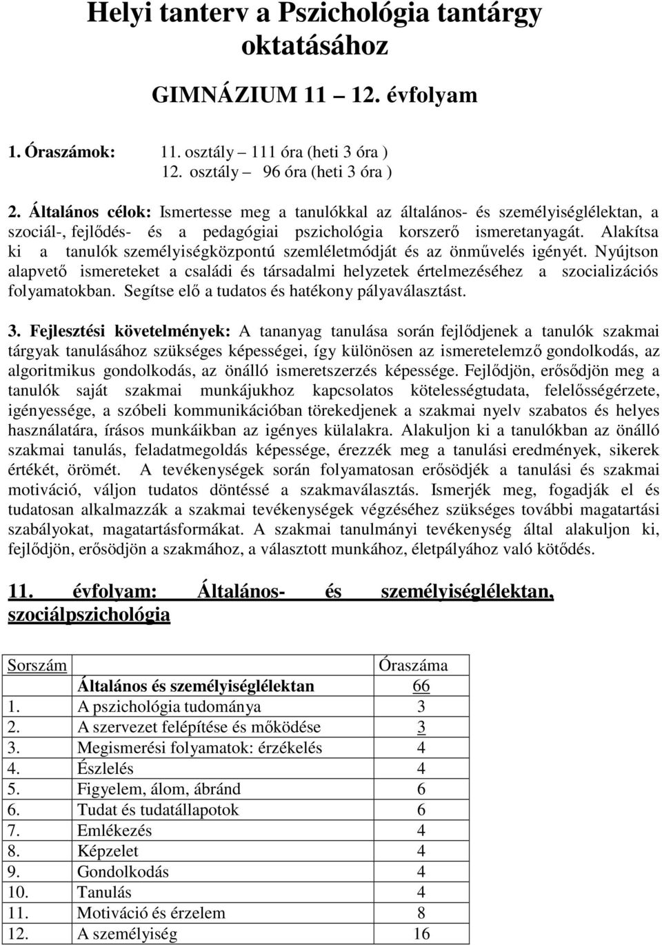 Alakítsa ki a tanulók személyiségközpontú szemléletmódját és az önművelés igényét. Nyújtson alapvető ismereteket a családi és társadalmi helyzetek értelmezéséhez a szocializációs folyamatokban.