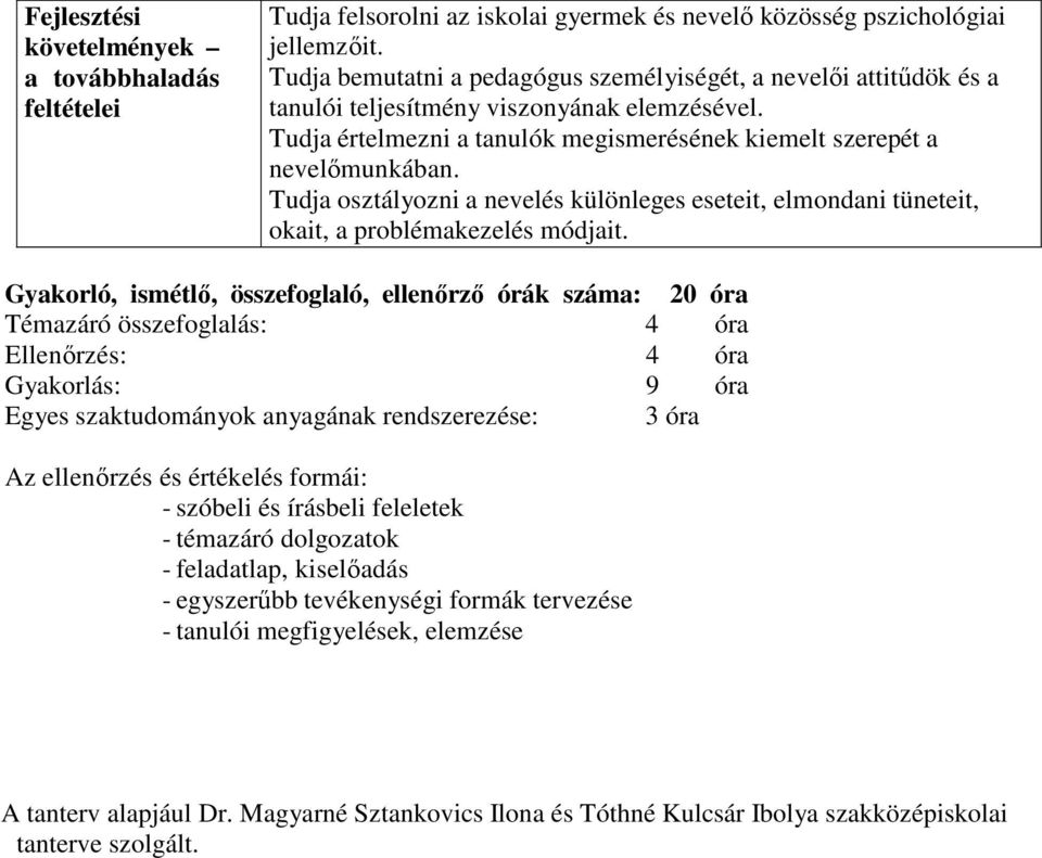 Gyakorló, ismétlő, összefoglaló, ellenőrző órák száma: 20 óra Témazáró összefoglalás: 4 óra Ellenőrzés: 4 óra Gyakorlás: 9 óra Egyes szaktudományok anyagának rendszerezése: 3 óra Az ellenőrzés és