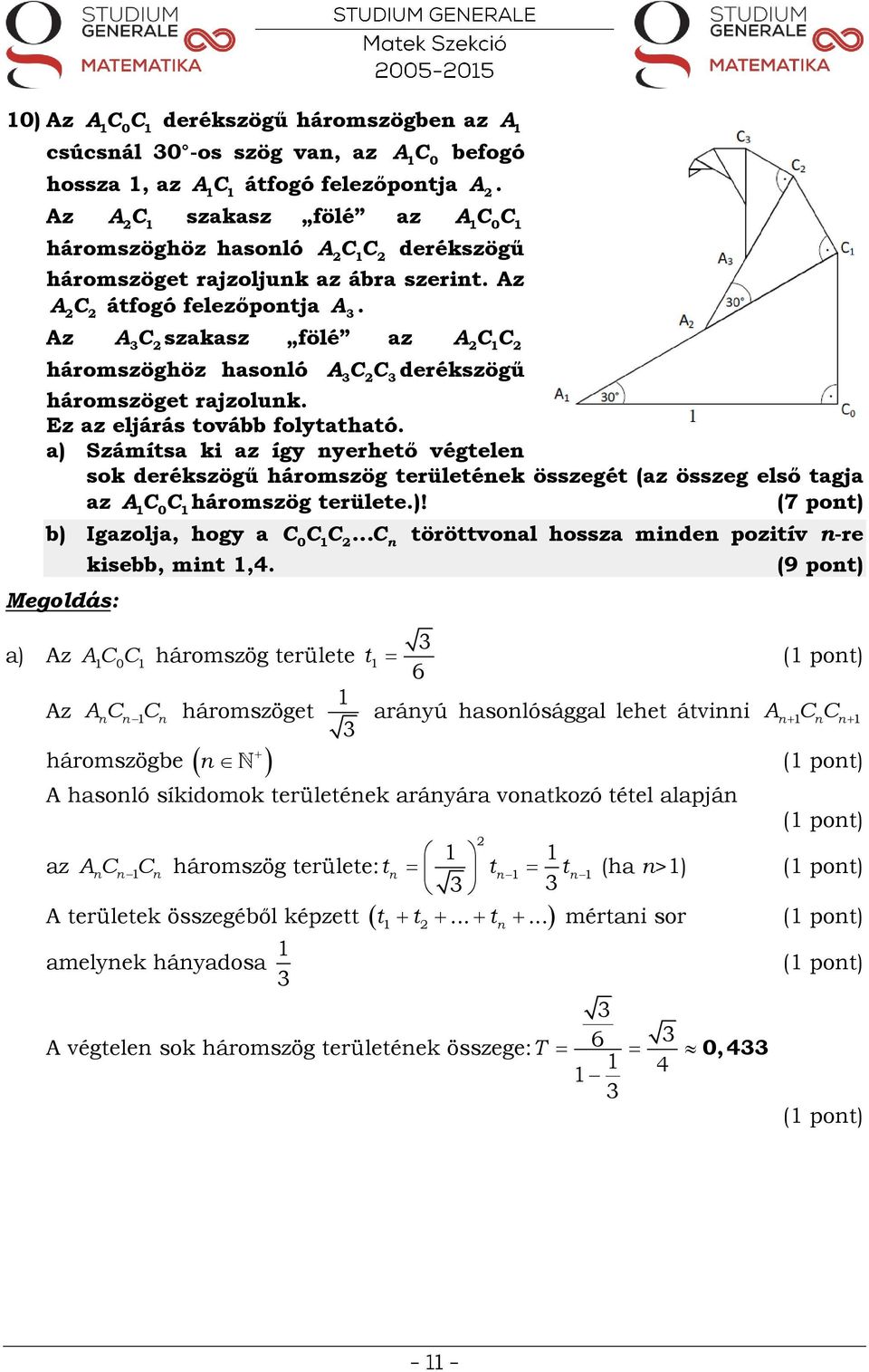 Ez az eljárás tovább folytatható. a) Számítsa ki az így nyerhető végtelen sok derékszögű háromszög területének összegét (az összeg első tagja az A C C 0 b) Igazolja, hogy a kisebb, mint,.