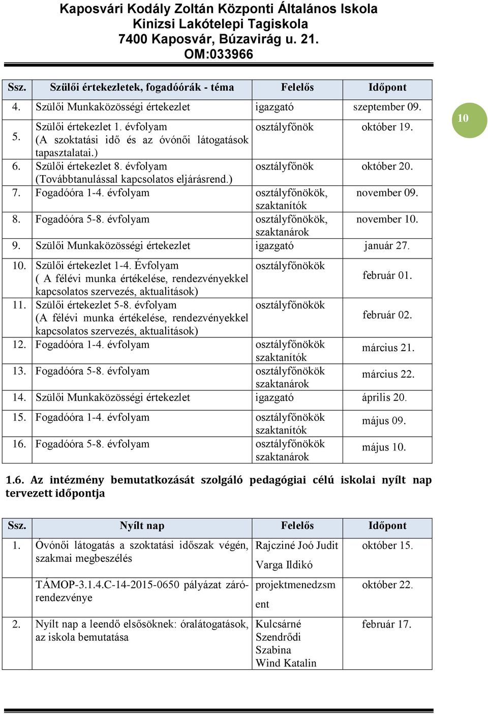 évfolyam osztályfőnökök, november 09. szaktanítók 8. Fogadóóra 5-8. évfolyam osztályfőnökök, november 10. szaktanárok 9. Szülői Munkaközösségi értekezlet igazgató január 27. 10. Szülői értekezlet 1-4.