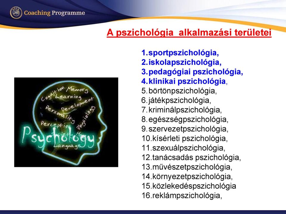 kriminálpszichológia, 8.egészségpszichológia, 9.szervezetpszichológia, 10.kísérleti pszichológia, 11.