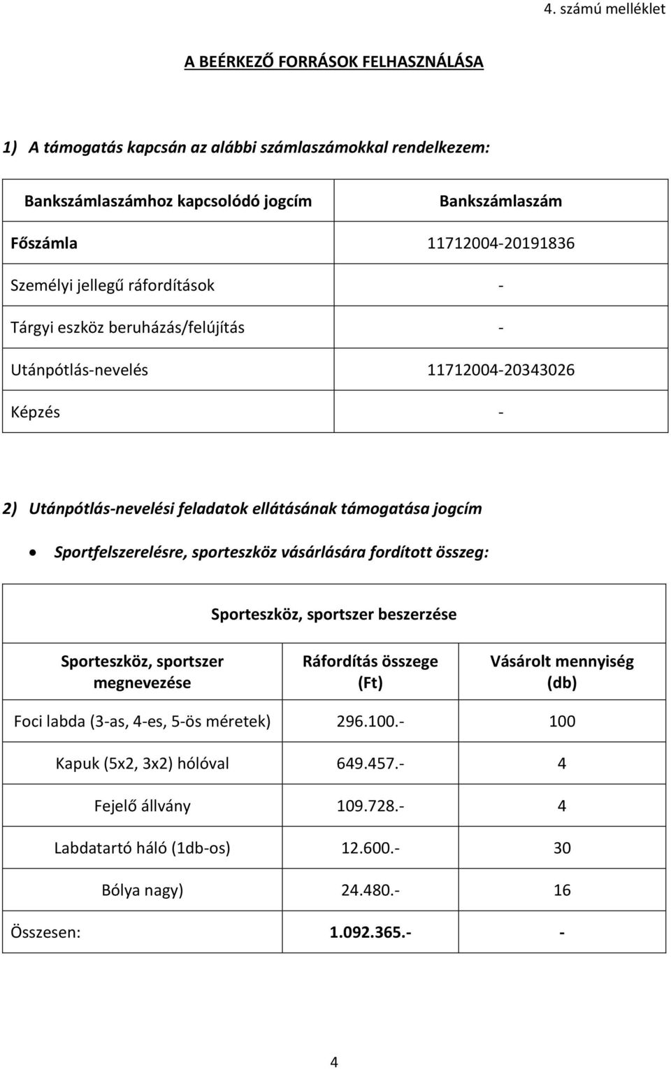 jogcím Sportfelszerelésre, sporteszköz vásárlására fordított összeg: Sporteszköz, sportszer beszerzése Sporteszköz, sportszer megnevezése Ráfordítás összege (Ft) Vásárolt mennyiség (db)