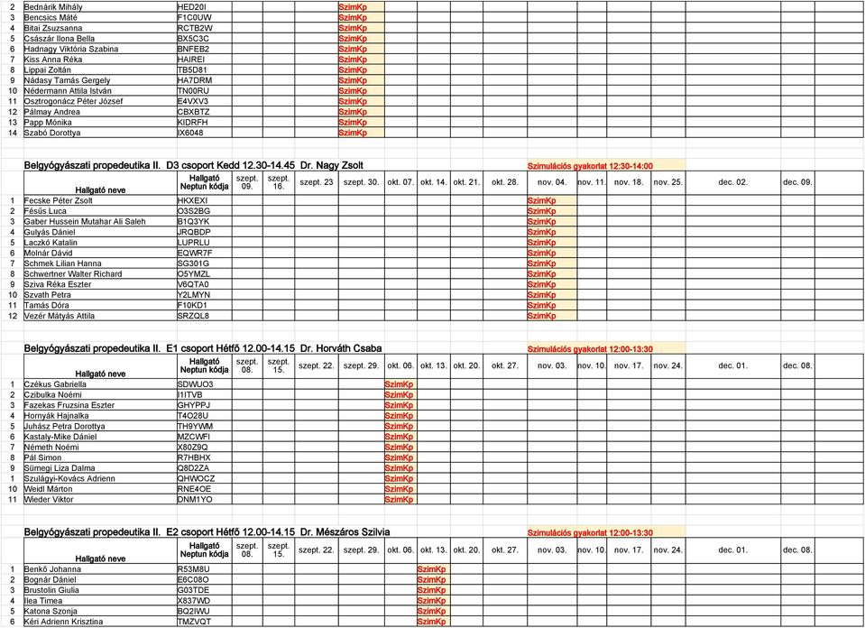 Mónika KIDRFH SzimKp 14 Szabó Dorottya IX6048 SzimKp Belgyógyászati propedeutika II. D3 csoport Kedd 12.30-14.45 Dr. Nagy Zsolt Szimulációs gyakorlat 12:30-14:00 23 30. okt. 07. okt. 14. okt. 21. okt. 28.