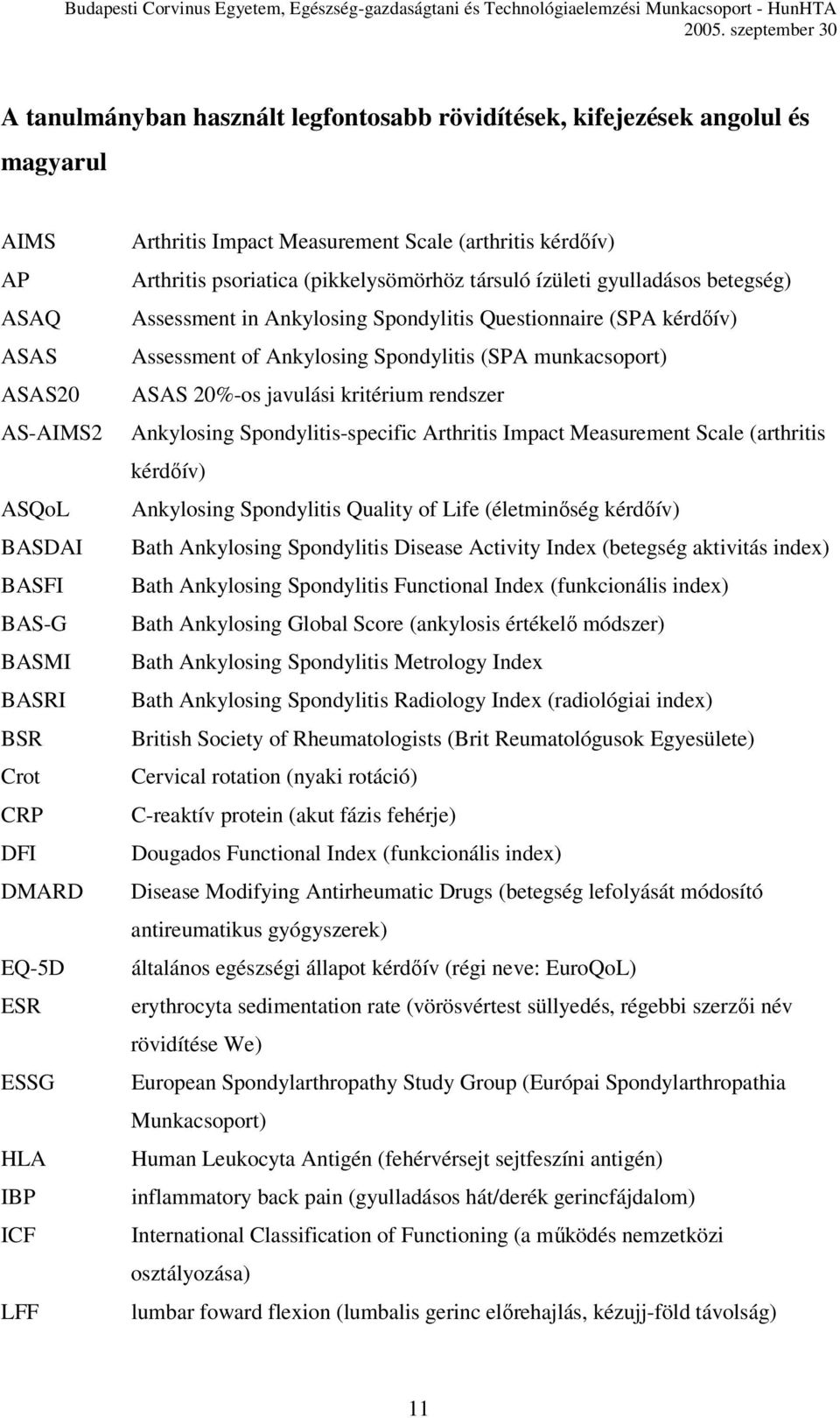 kérdőív) Assessment of Ankylosing Spondylitis (SPA munkacsoport) ASAS 20%-os javulási kritérium rendszer Ankylosing Spondylitis-specific Arthritis Impact Measurement Scale (arthritis kérdőív)