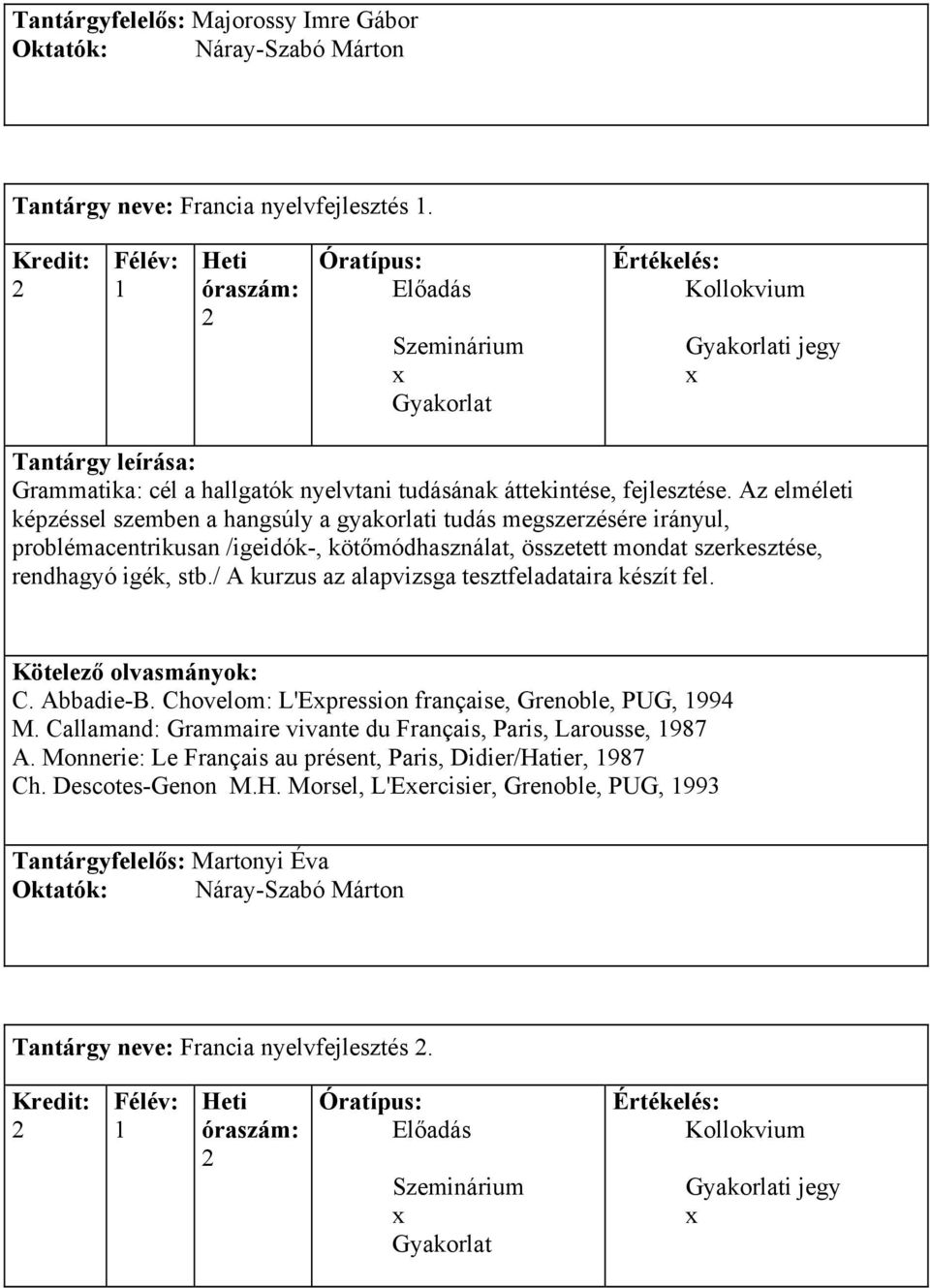 / A kurzus az alapvizsga tesztfeladataira készít fel. C. Abbadie-B. Chovelom: L'Epression française, Grenoble, PUG, 994 M.