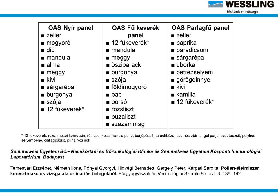 francia perje, borjúpázsit, tarackbúza, csomós ebír, angol perje, ecsetpázsit, pelyhes selyemperje, csillagpázsit, puha rozsnok Semmelweis Egyetem Bőr- Nemikórtani és Bőronkológiai Klinika és