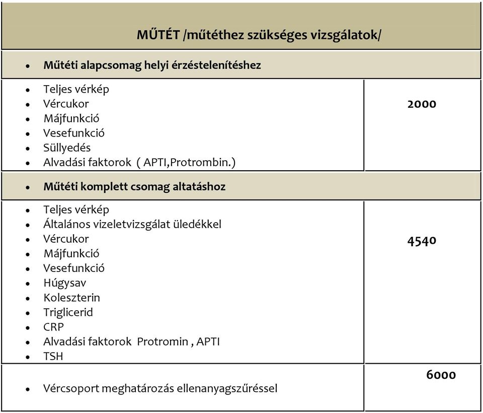 ) Műtéti komplett csomag altatáshoz Általános vizeletvizsgálat üledékkel Vércukor Májfunkció