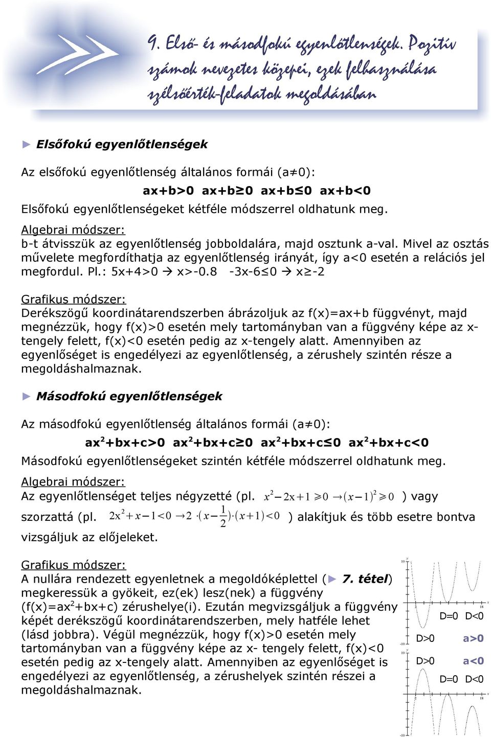 Elsőfokú egyenlőtlenségeket kétféle módszerrel oldhatunk meg. Algebrai módszer: b-t átvisszük az egyenlőtlenség jobboldalára, majd osztunk a-val.