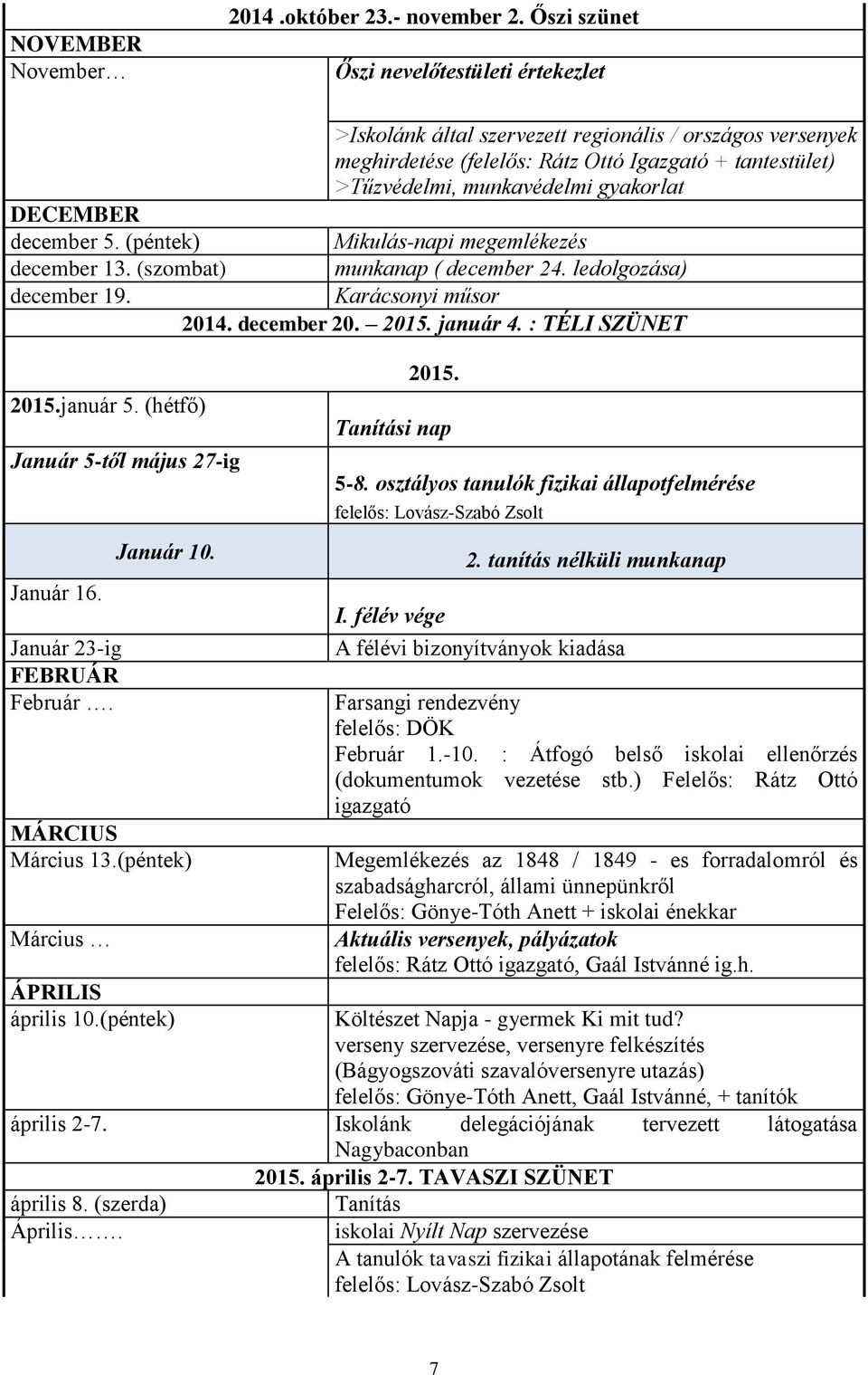 (péntek) >Iskolánk által szervezett regionális / országos versenyek meghirdetése (felelős: Rátz Ottó Igazgató + tantestület) >Tűzvédelmi, munkavédelmi gyakorlat Mikulás-napi megemlékezés munkanap (