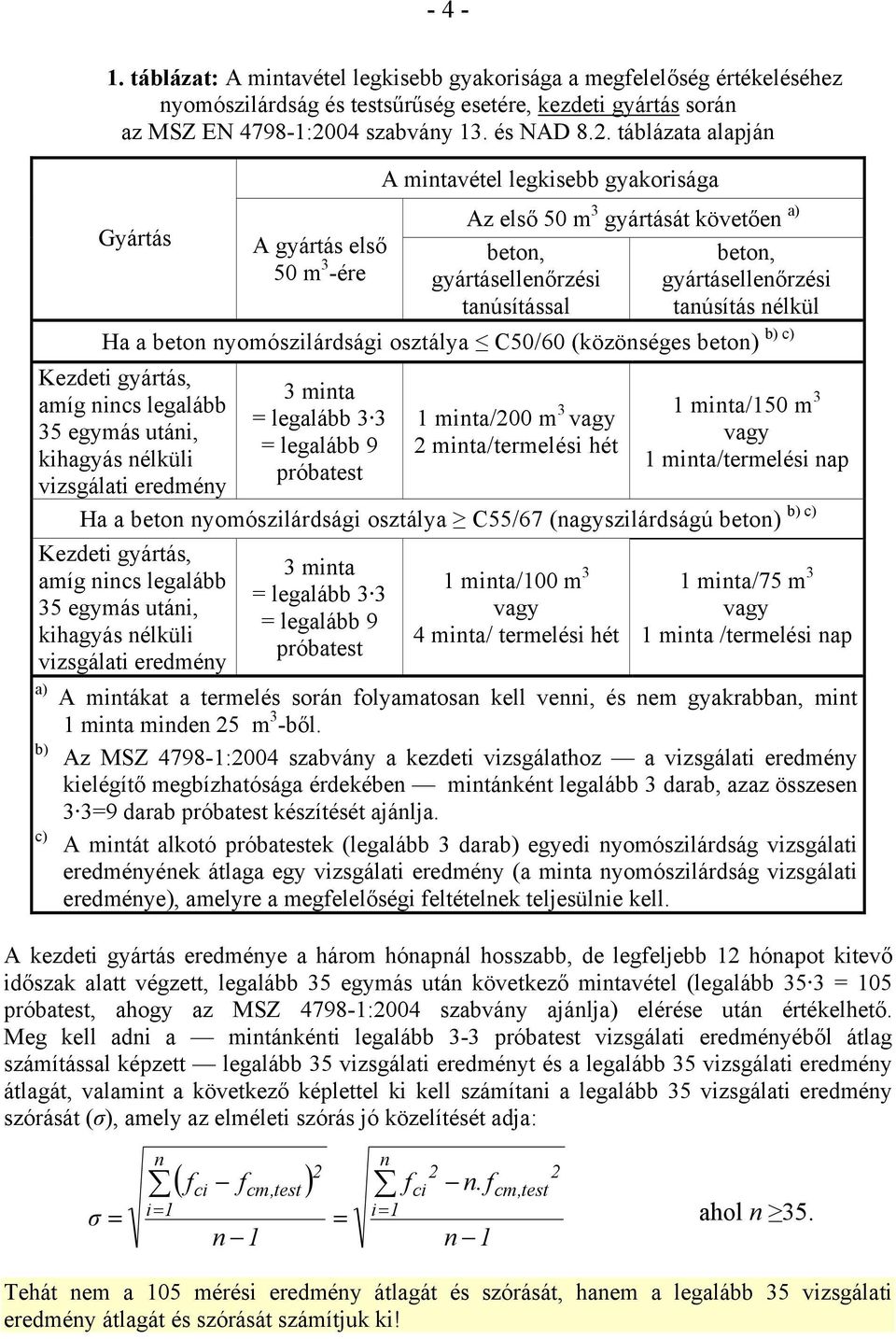 táblázata alapján Gyártás A gyártás első 50 m 3 -ére A mintavétel legkisebb gyakorisága Az első 50 m 3 gyártását követően a) beton, gyártásellenőrzési tanúsítással beton, gyártásellenőrzési tanúsítás