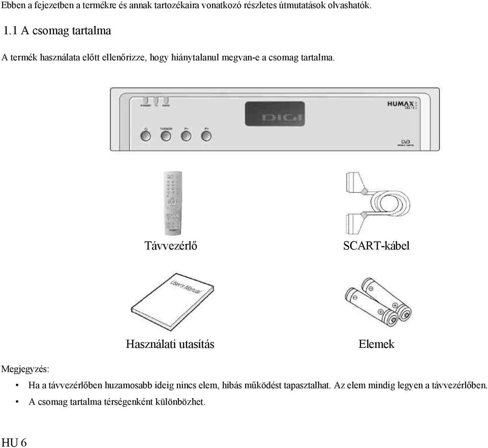 Távvezérlő SCART-kábel Használati utasítás Elemek Megjegyzés: Ha a távvezérlőben huzamosabb ideig nincs