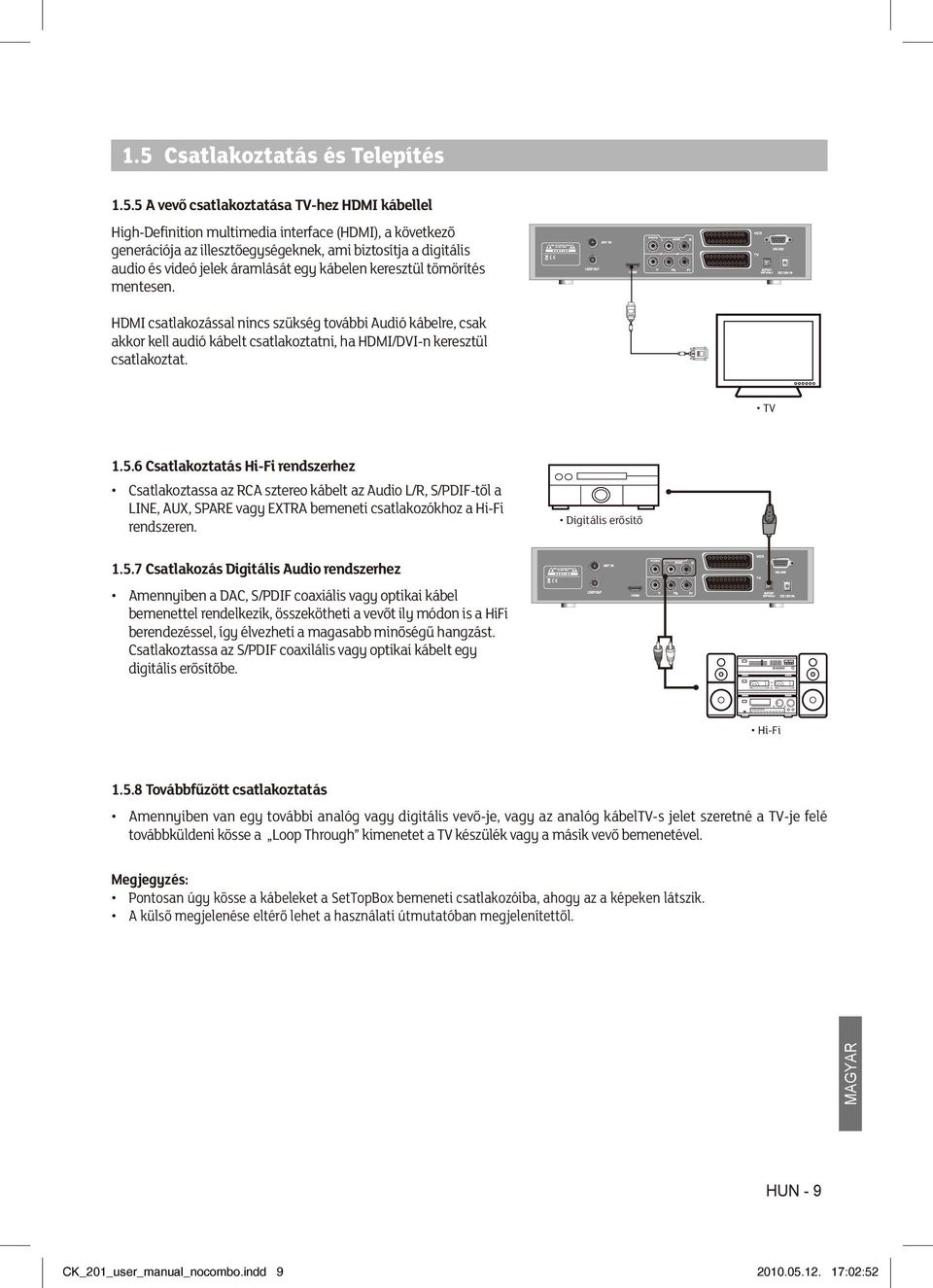 HDMI csatlakozással nincs szükség további Audió kábelre, csak akkor kell audió kábelt csatlakoztatni, ha HDMI/DVI-n keresztül csatlakoztat. TV 1.5.