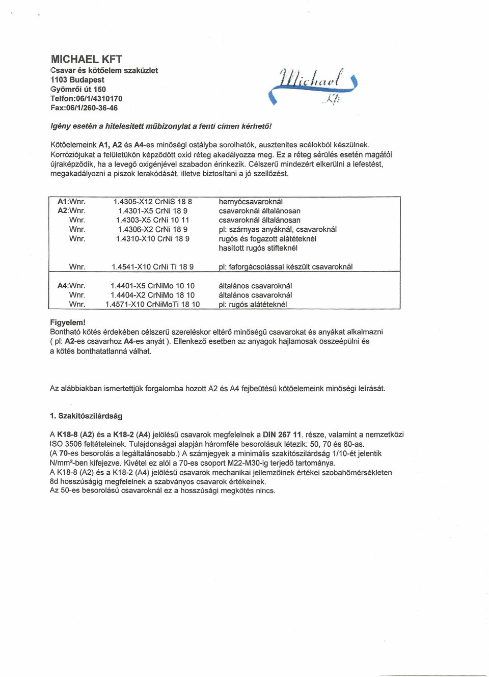 MICHAEL KFT Csavar és kötőelem szaküzlet '1103 Budapest Gyömrői út 150  Telfon:0611/ Fax:06/1/ - PDF Ingyenes letöltés