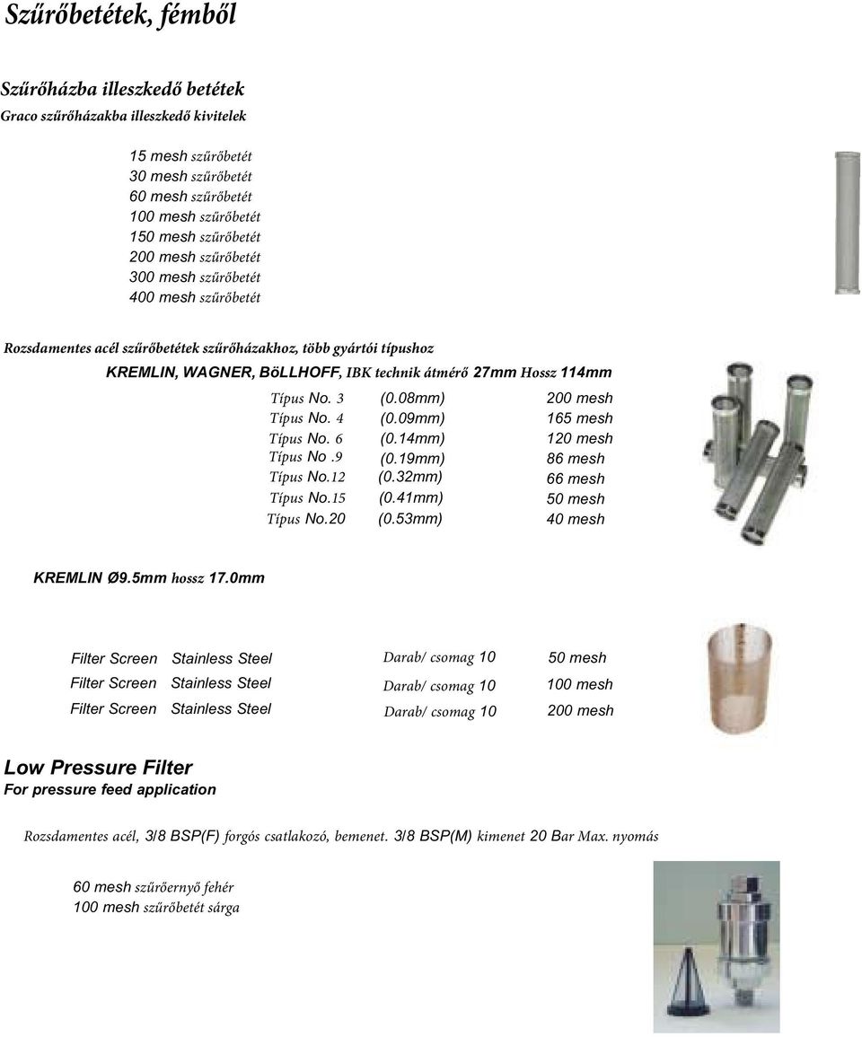 08mm) 200 mesh Típus No. 4 (0.09mm) 165 mesh Típus No. 6 (0.14mm) 120 mesh Típus No.9 (0.19mm) 86 mesh Típus No.12 (0.32mm) 66 mesh Típus No.15 (0.41mm) 50 mesh Típus No.20 (0.