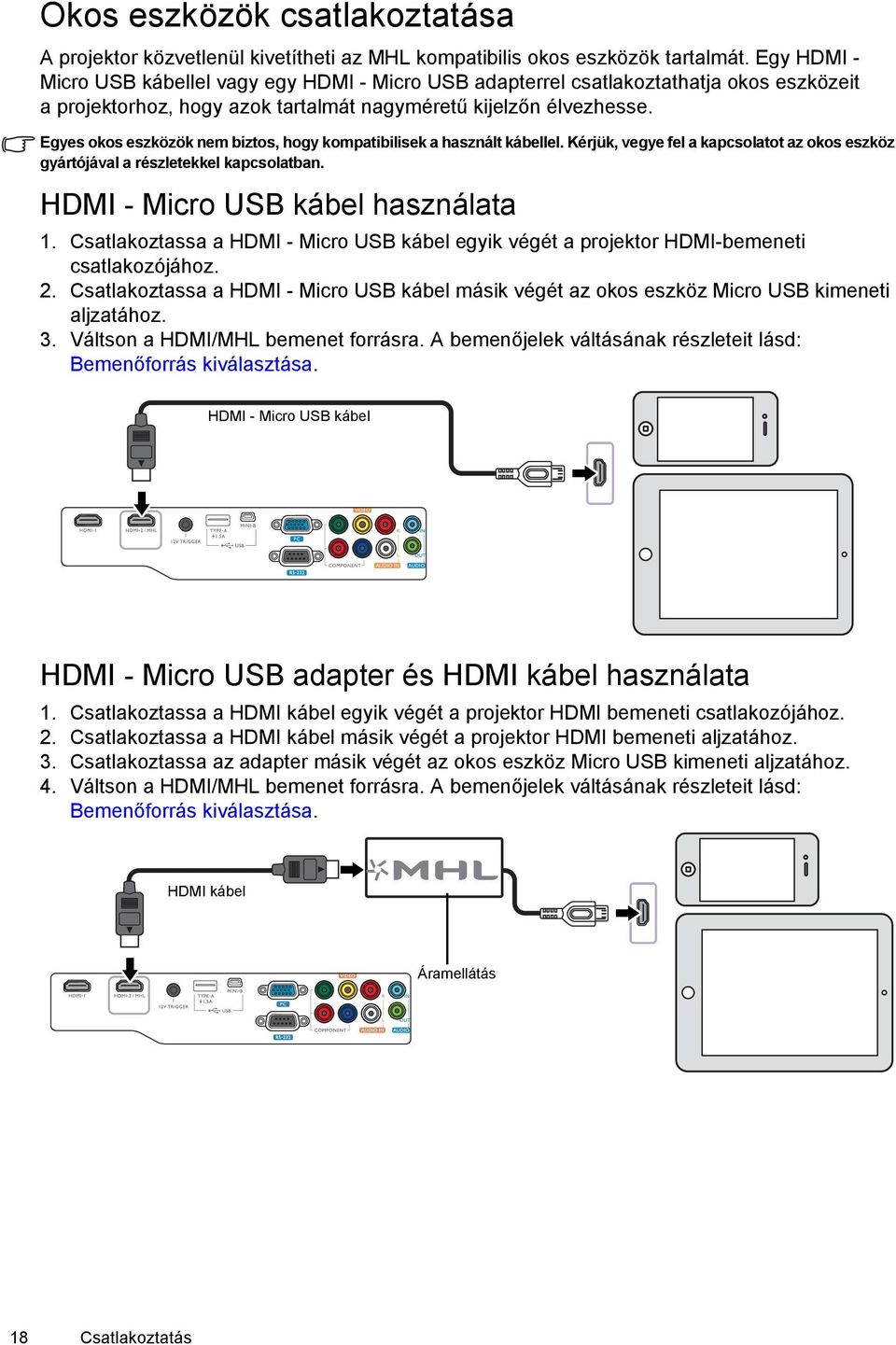 Egyes okos eszközök nem biztos, hogy kompatibilisek a használt kábellel. Kérjük, vegye fel a kapcsolatot az okos eszköz gyártójával a részletekkel kapcsolatban. HDMI - Micro USB kábel használata 1.
