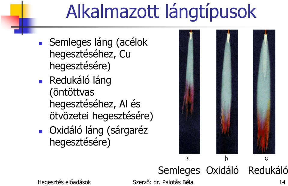 ötvözetei hegesztésére) Oxidáló láng (sárgaréz hegesztésére)